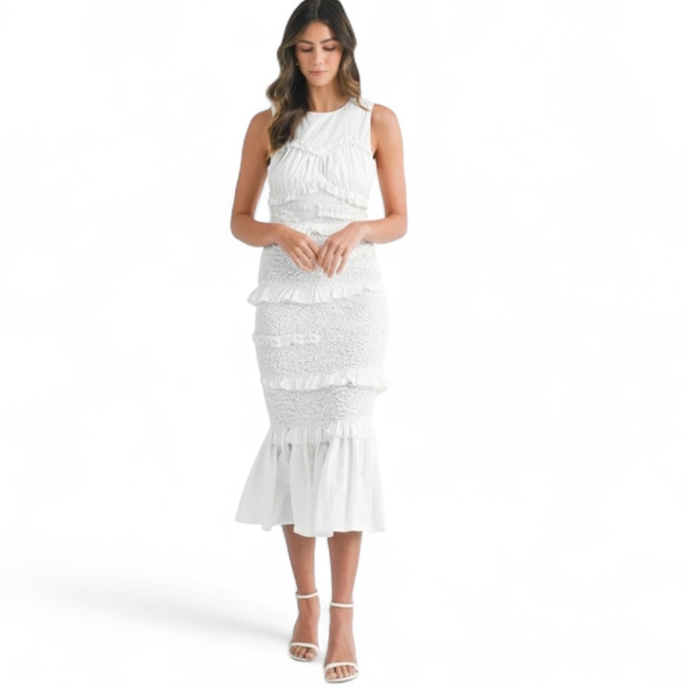 MABLE Ruffled Popcorn Smocked Mermaid Midi Dress